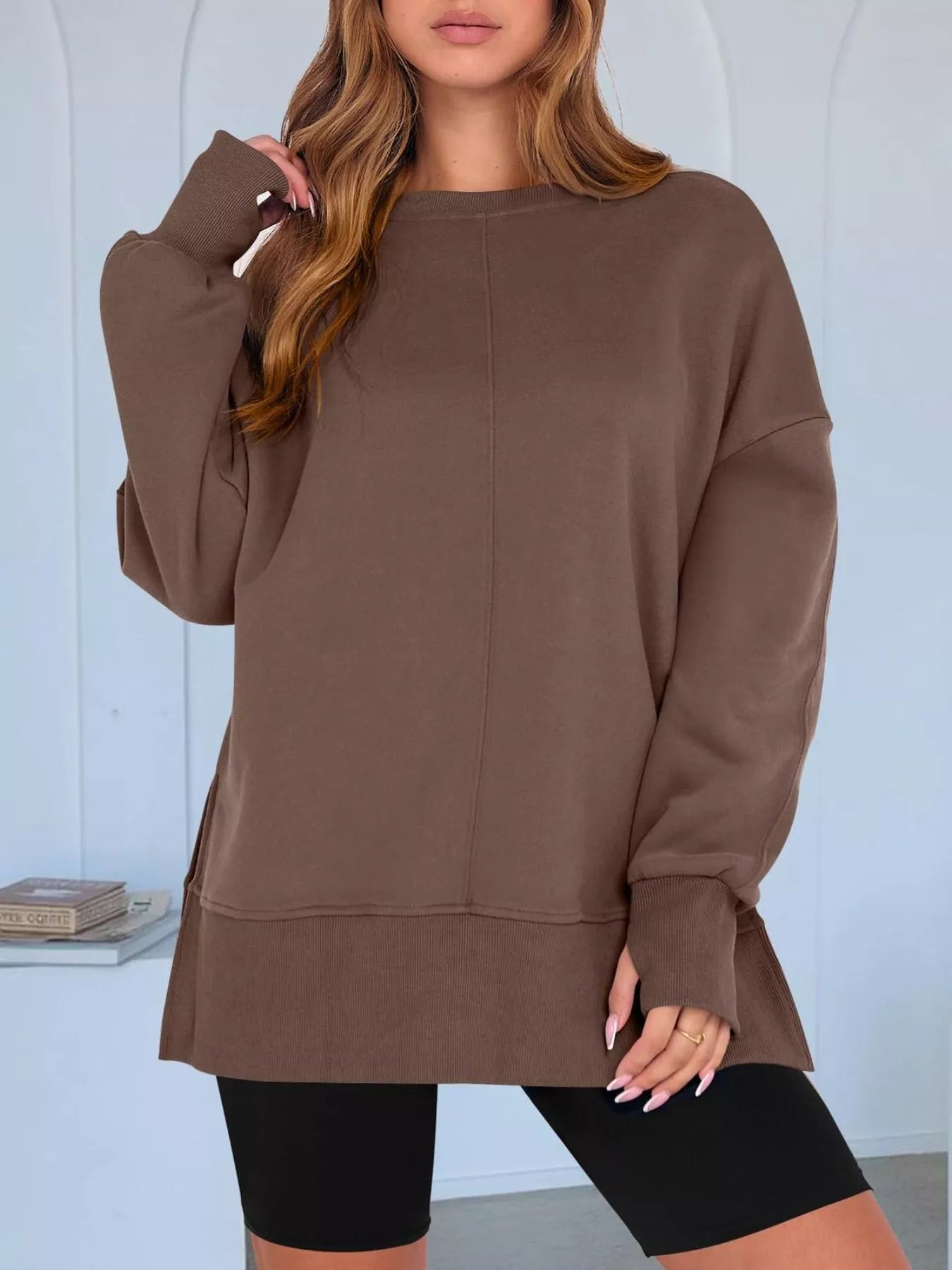 Side Slit Round Neck Long Sleeve Sweatshirt OutfitFlow