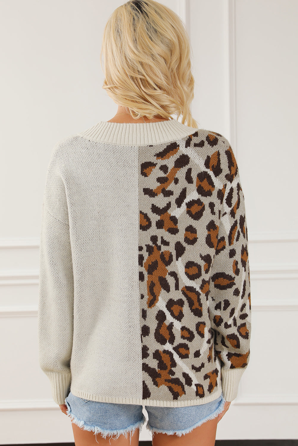 Outfit Flow - Leopard V Neck Drop Shoulder Sweater