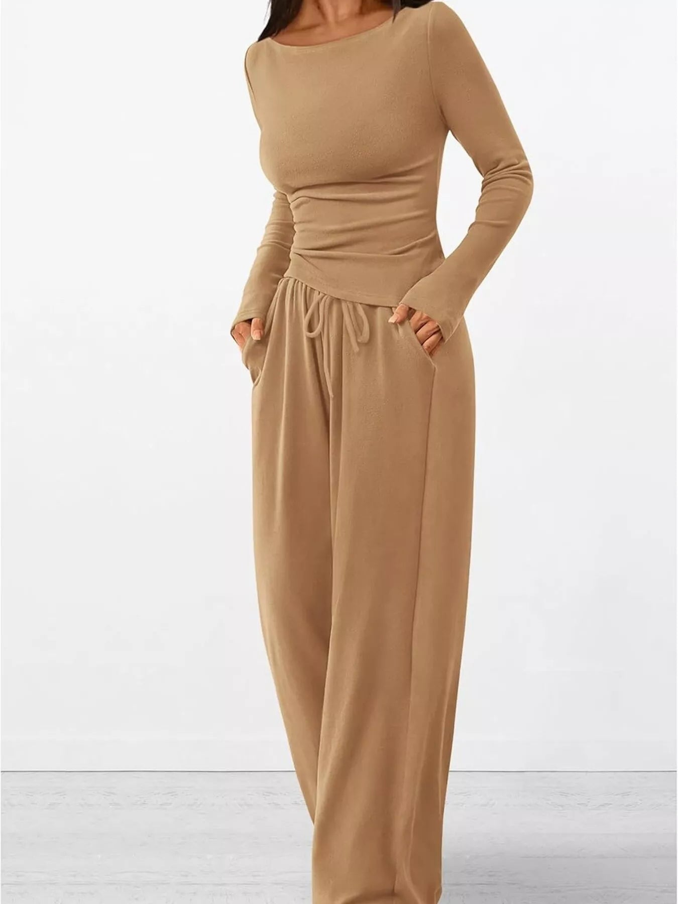 Long Sleeve Top and Wide Leg Pants Set OutfitFlow