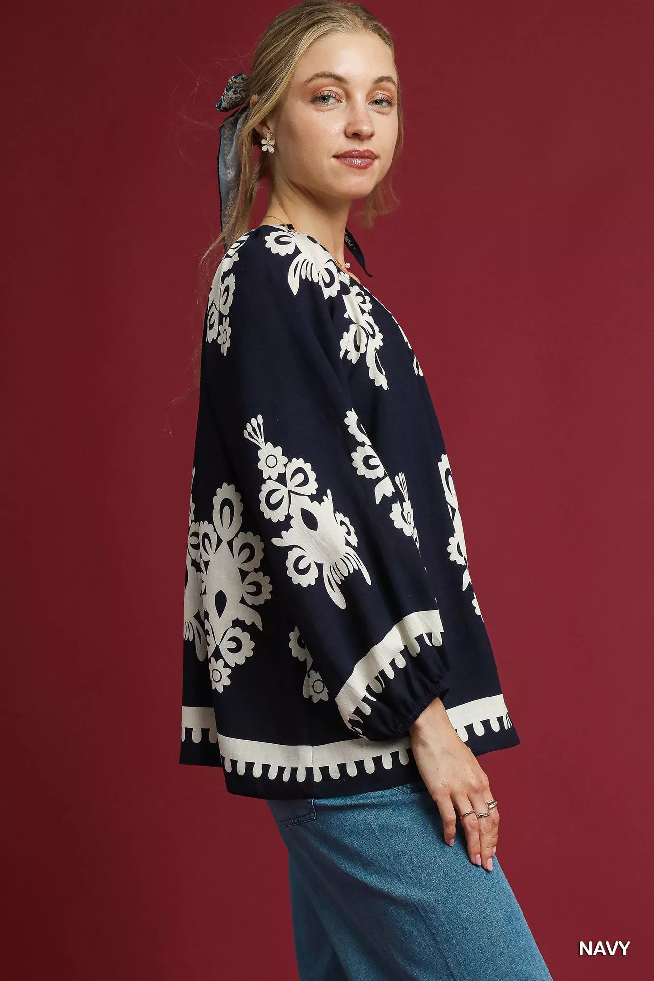 Umgee Two Tone Border Print Top with Balloon Sleeves Trendsi