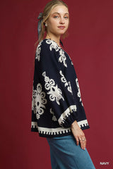 Umgee Two Tone Border Print Top with Balloon Sleeves Trendsi