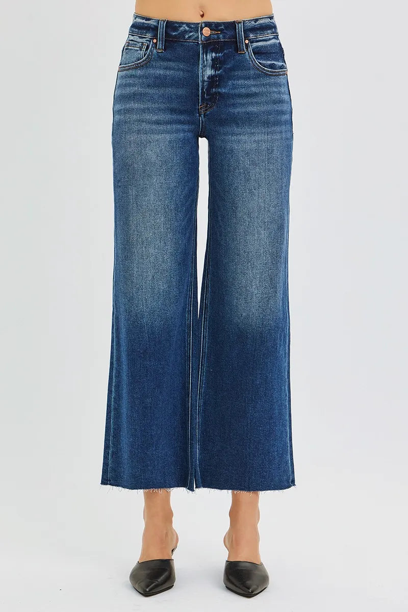 RISEN Full Size Mid Rise Crop Wide Raw Cut Hem Jeans Plus Size Trendsi