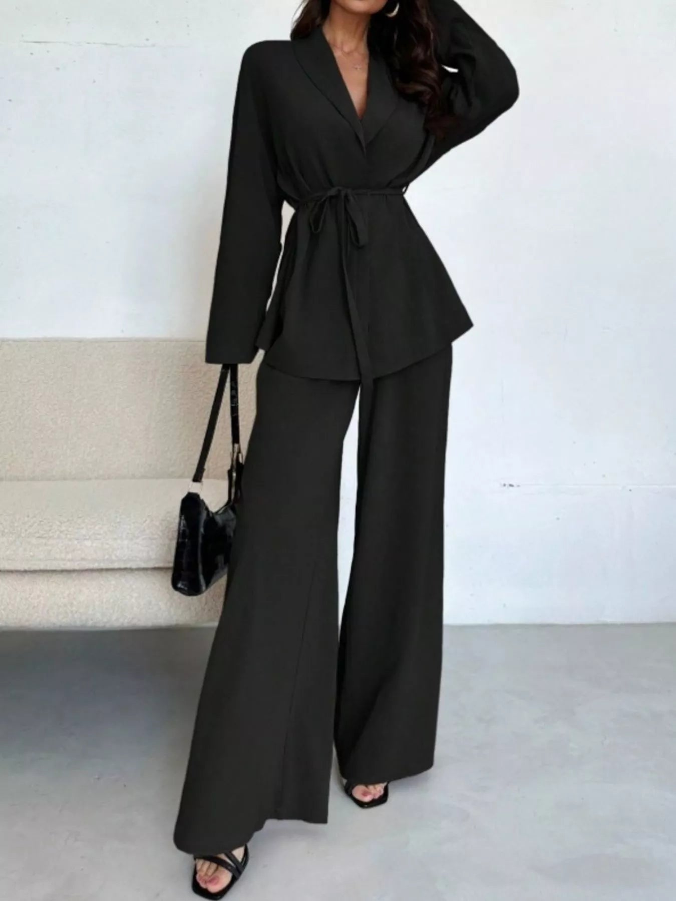 Front Tied Shirt and Wide-Leg Pants Set OutfitFlow