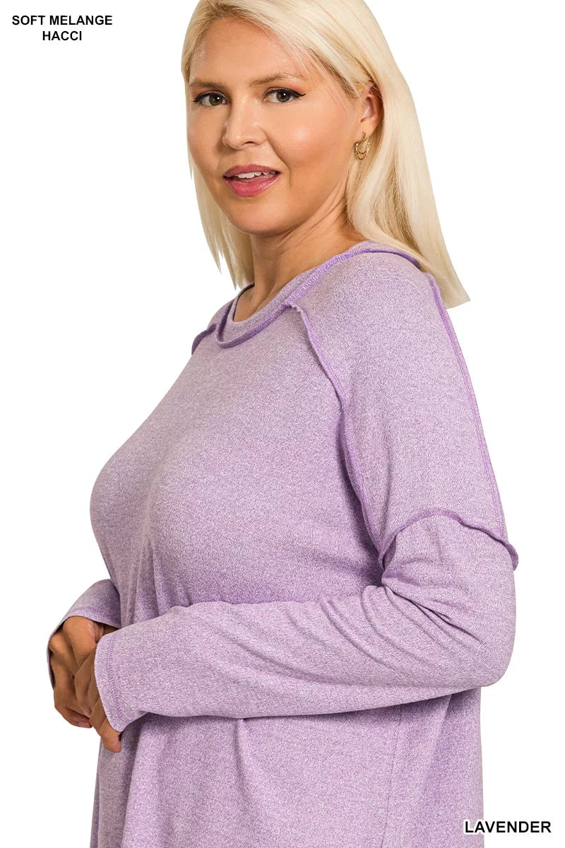 Zenana Full Size Melange Hacci Exposed Seam Hi-low Tee Plus Size OutfitFlow