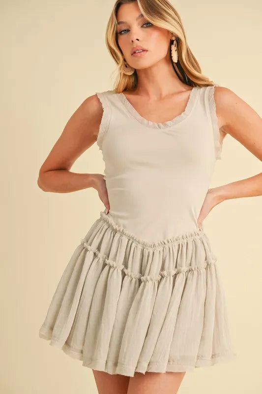 Frill Sleeveless Drop Waist Mini Dress OutfitFlow
