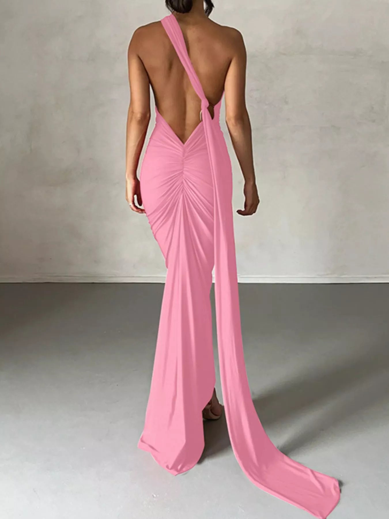 Backless One-Shoulder Ruched Bodycon Maxi Dress OutfitFlow