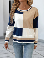 Color Block Round Neck Sweater with Ribbed Trim OutfitFlow