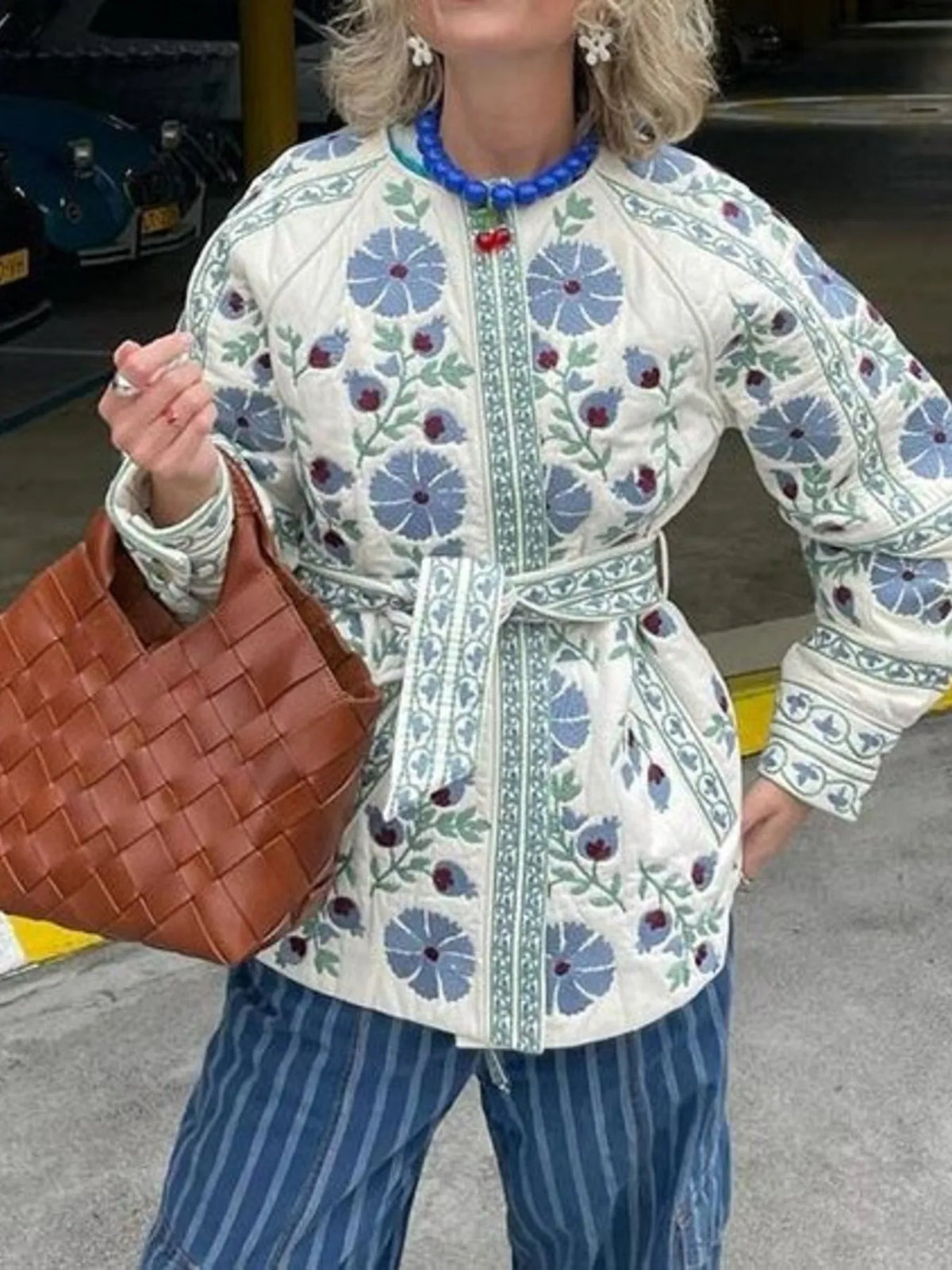 Printed Button Down Long Sleeve Winter Coat Light Blue OutfitFlow