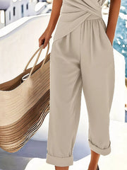 Full Size Surplice Short Sleeve Top and Pants Set Plus Size OutfitFlow