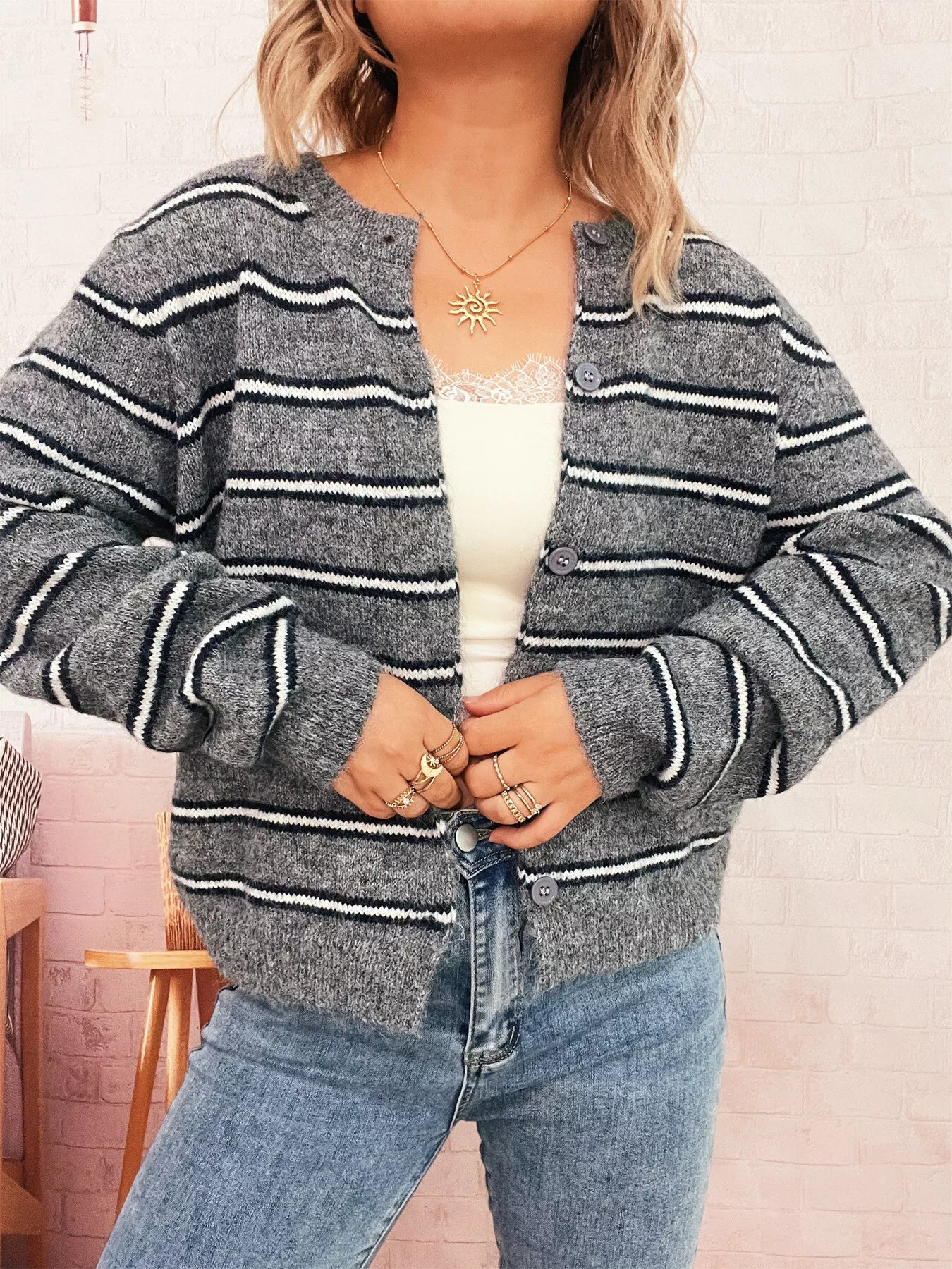 Striped Button-Up Long Sleeve Cardigan OutfitFlow