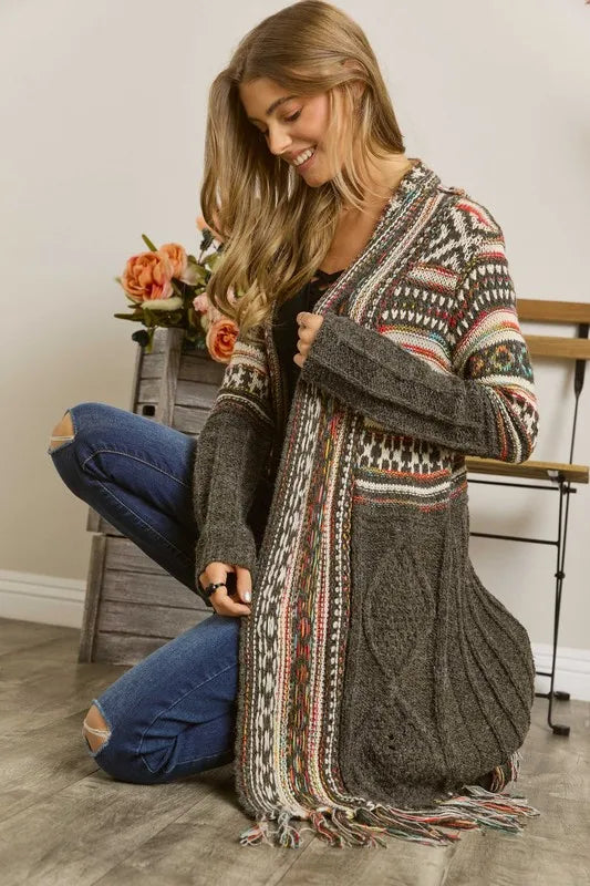 ADORA Full Size Fringe Hem Aztec Cardigan Plus Size OutfitFlow