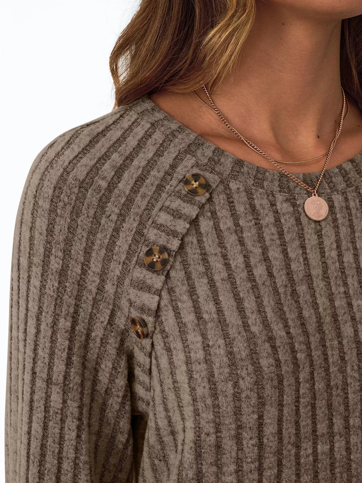 Ribbed Knit Decor Button Long Sleeve T-Shirt OutfitFlow