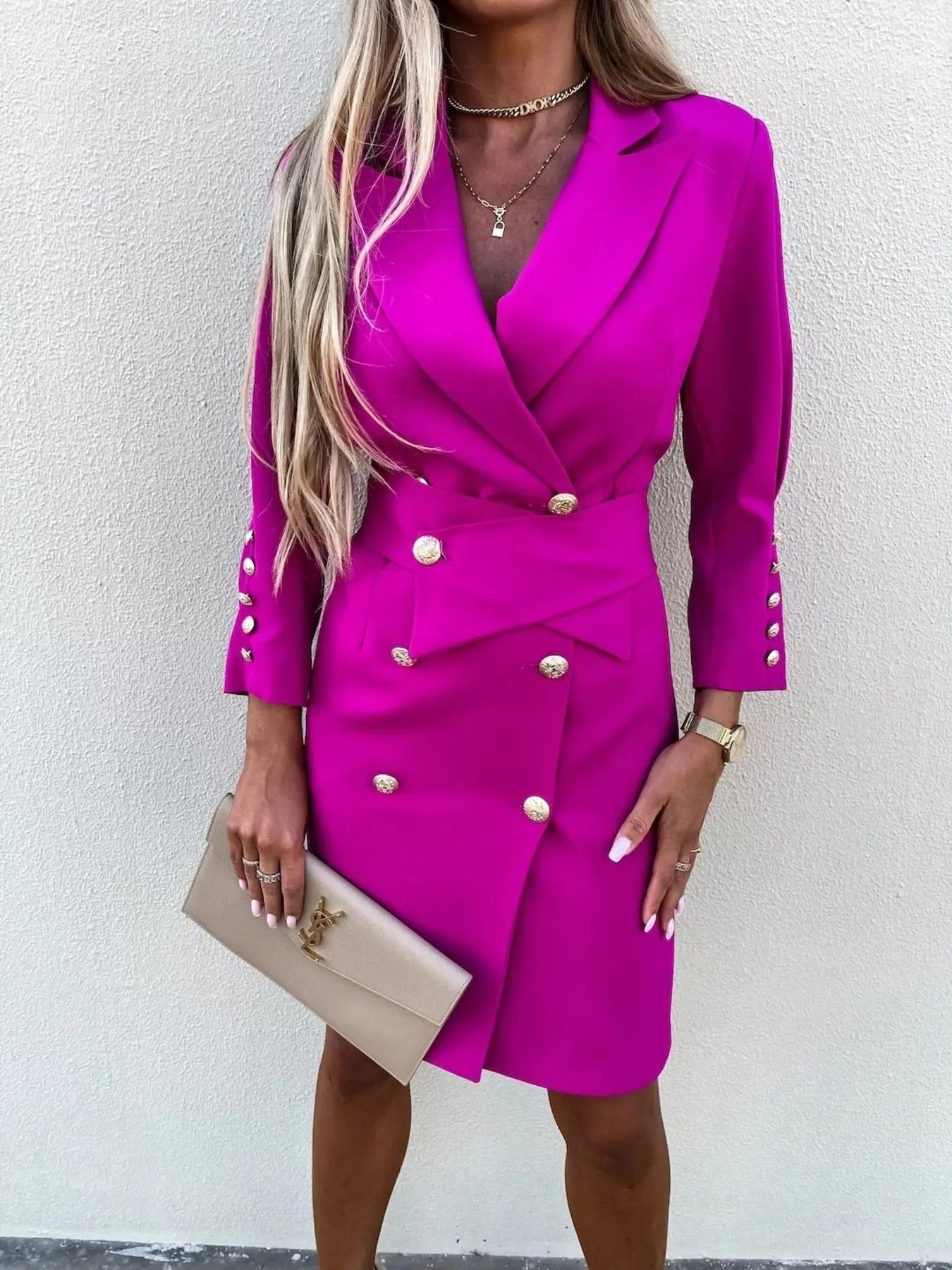 Double-Breasted Lapel Collar Longline Blazer Rose Red OutfitFlow