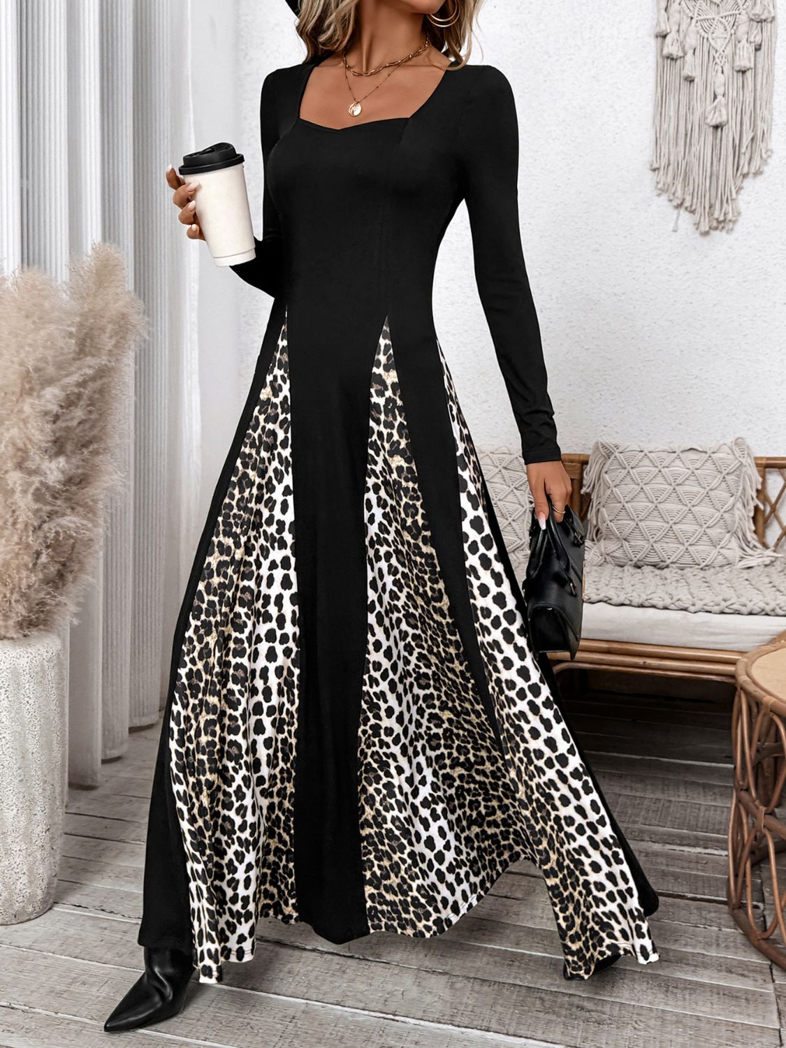 Outfit Flow - Perfee Leopard Square Neck Long Sleeve Maxi Dress