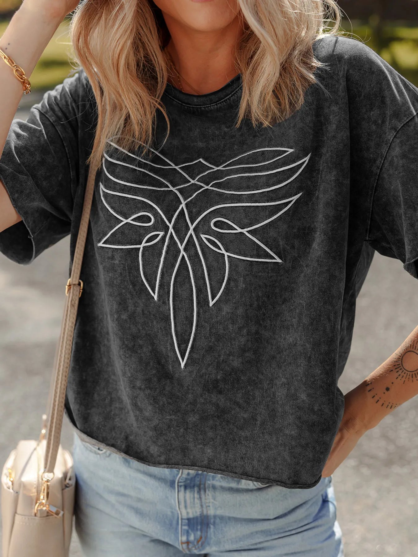 Floral Embroidered Mineral Wash Crew Neck T Shirt OutfitFlow