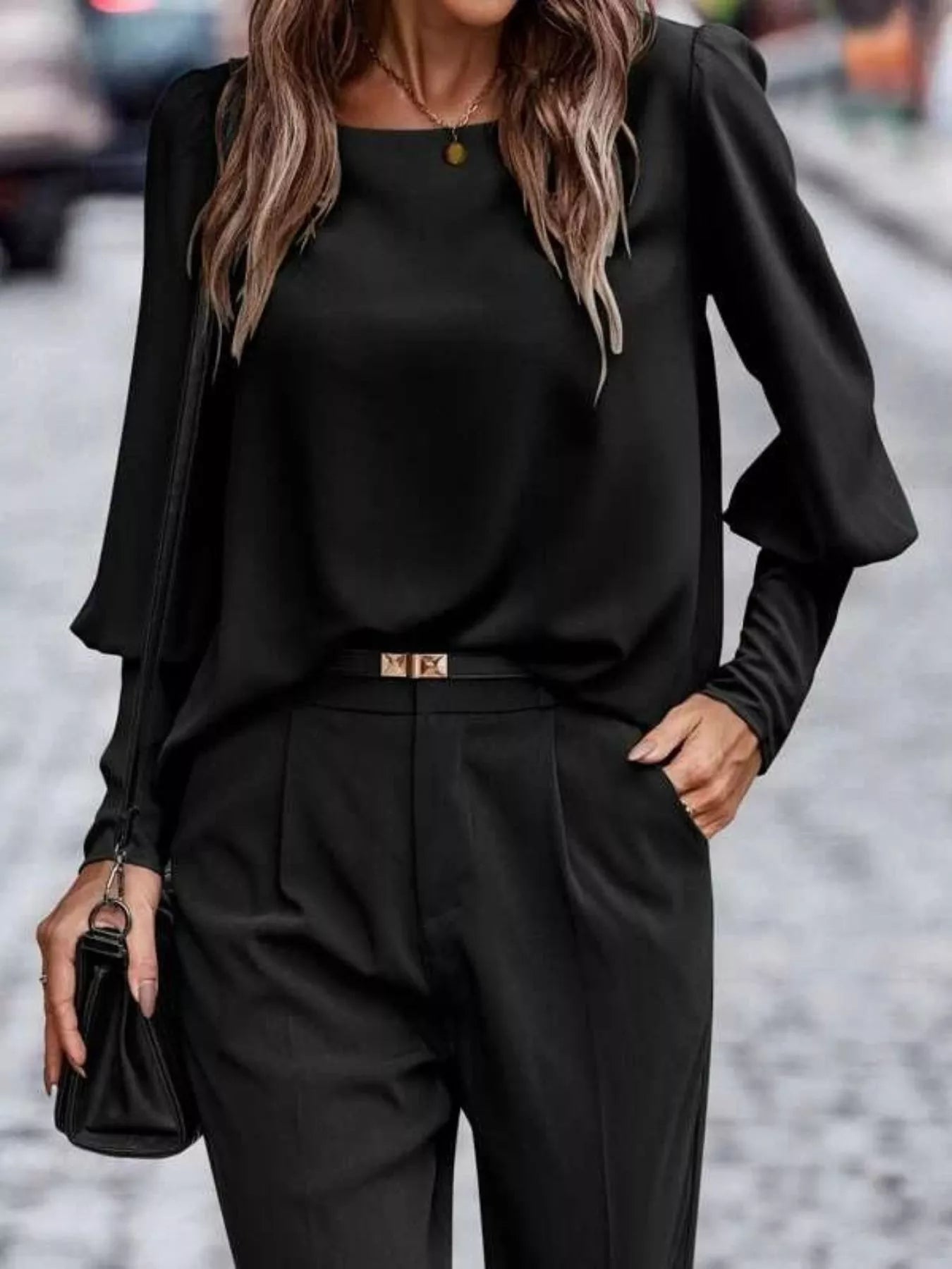 Back Button Lantern Sleeve Blouse Black OutfitFlow