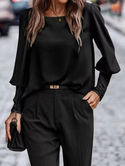 Back Button Lantern Sleeve Blouse Black OutfitFlow