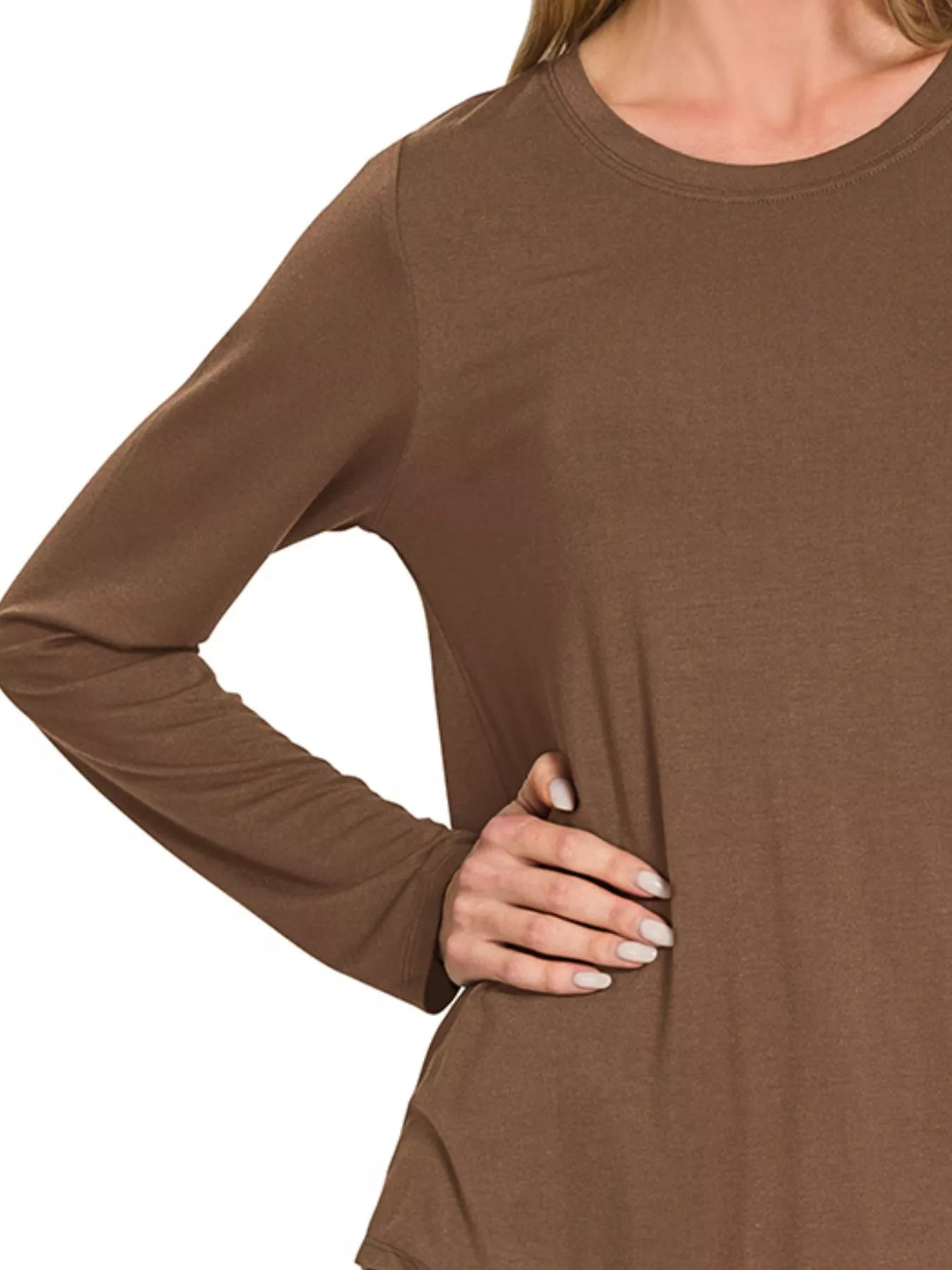 Zenana Flowy Round Hem Rayon Long Sleeve Top OutfitFlow