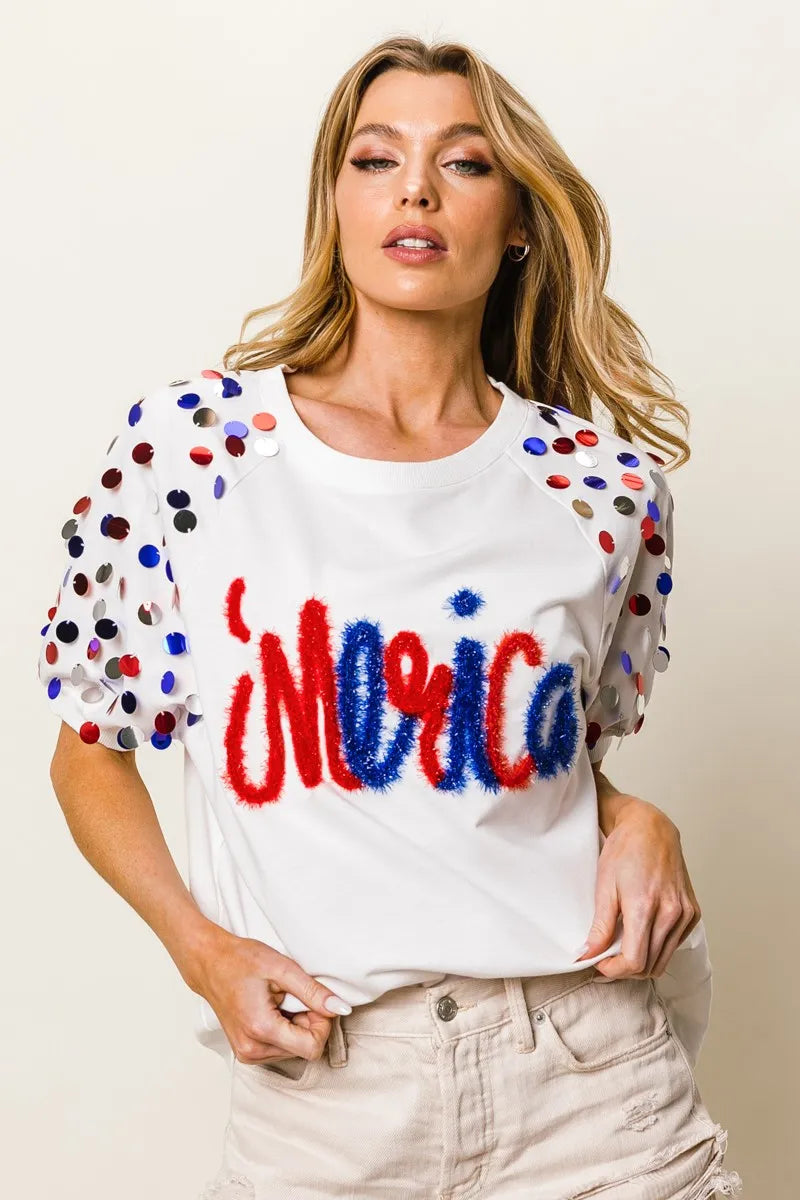 BiBi Metallic Letter Spangle Raglan Puff Sleeve Top OutfitFlow