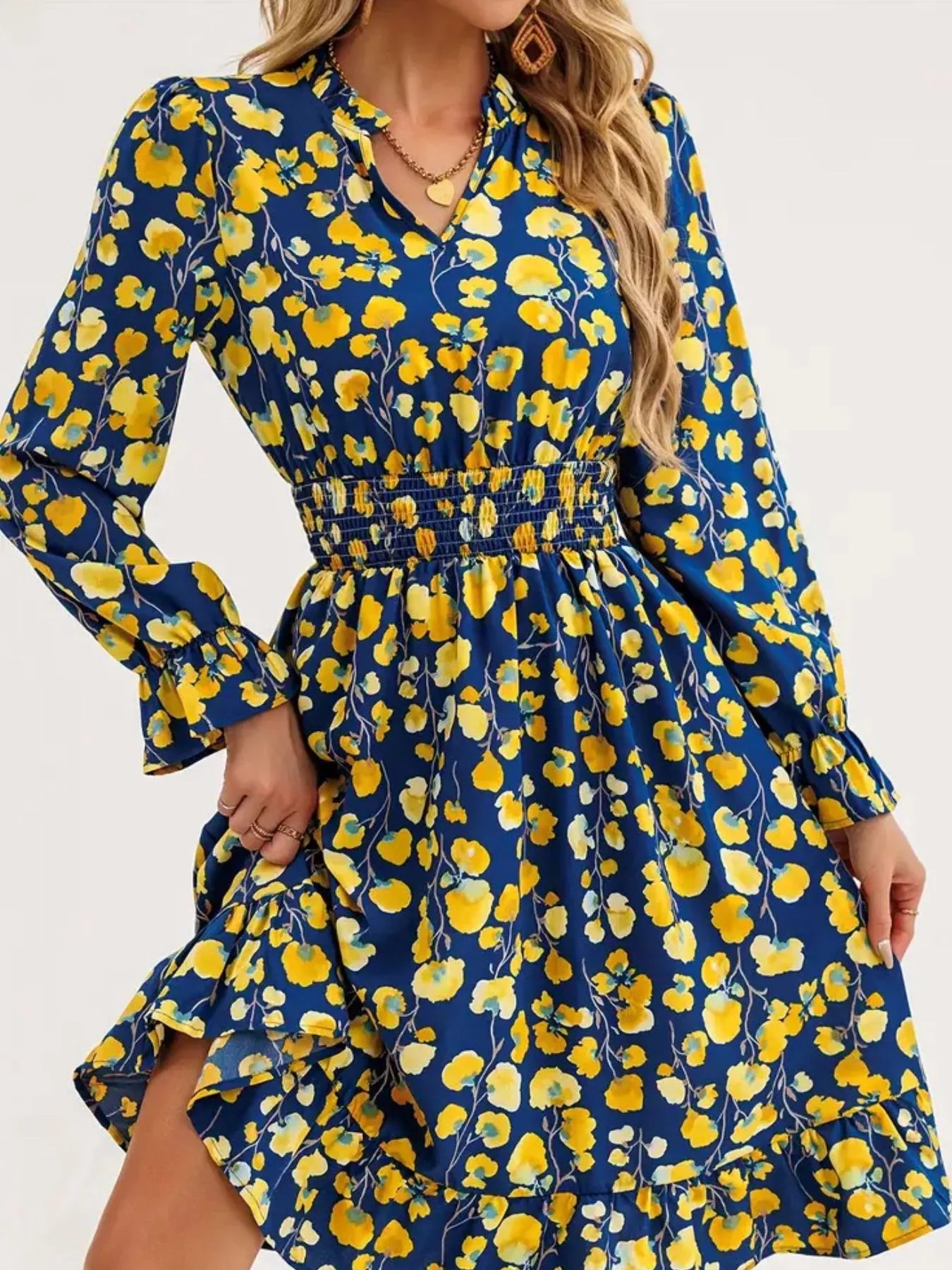 Floral Notched Flounce Sleeve Dress Pastel Yellow OutfitFlow