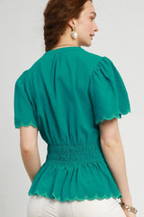 Umgee Scalloped Edge Flutter Sleeve Blouse OutfitFlow
