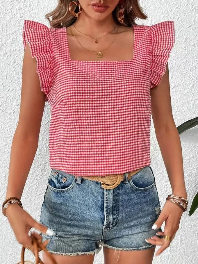 Ruffle Sleeve Gingham Square Neck Top Red OutfitFlow