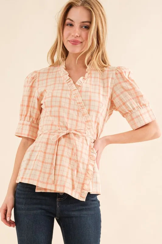 And The Why Plaid Patterned and Ruffled Wrap Blouse Top OutfitFlow