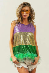 BiBi Mardi Gras Color Block Faux Feather Hem Sequin Top OutfitFlow