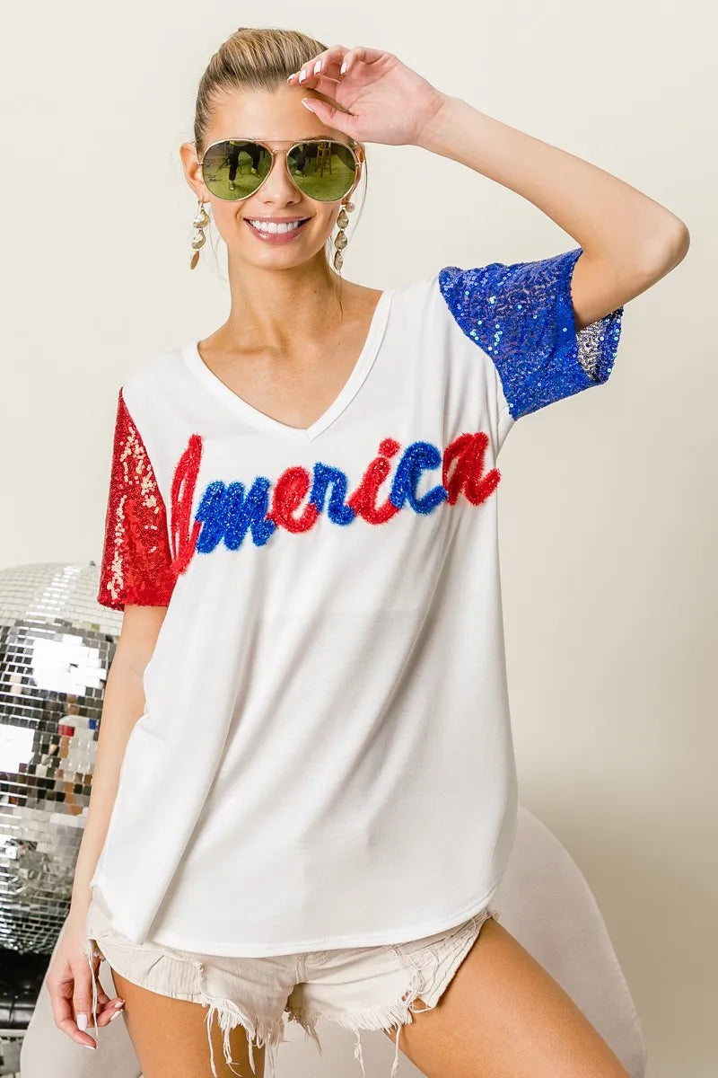 BiBi Metallic Letter V-neck Sequin Sleeves Top OutfitFlow