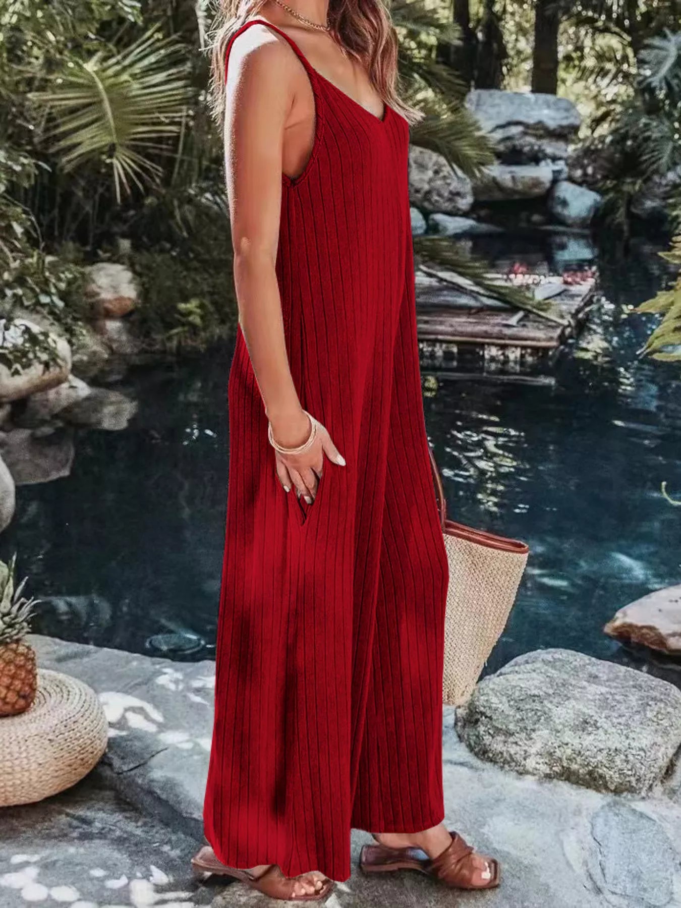 Ribbed V-Neck Wide Leg Jumpsuit OutfitFlow
