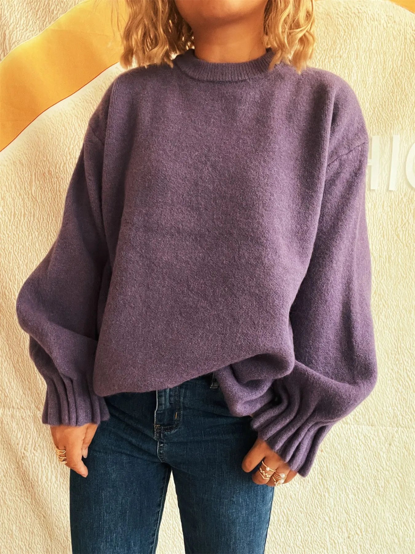 Round Neck Dropped Shoulder Sweater OutfitFlow