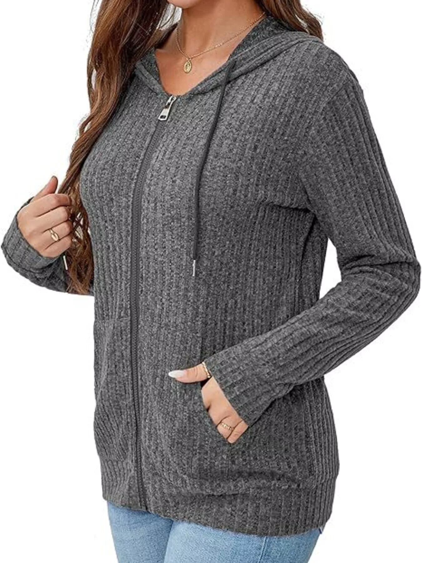 Ribbed Zip Up Hooded Outerwear Trendsi