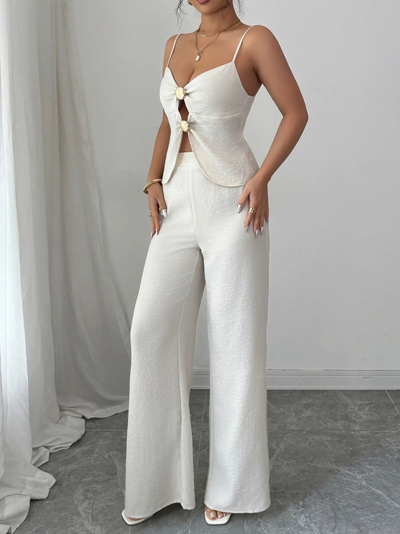 Cutout Back Zipper Cami and Wide Leg Pants Set OutfitFlow