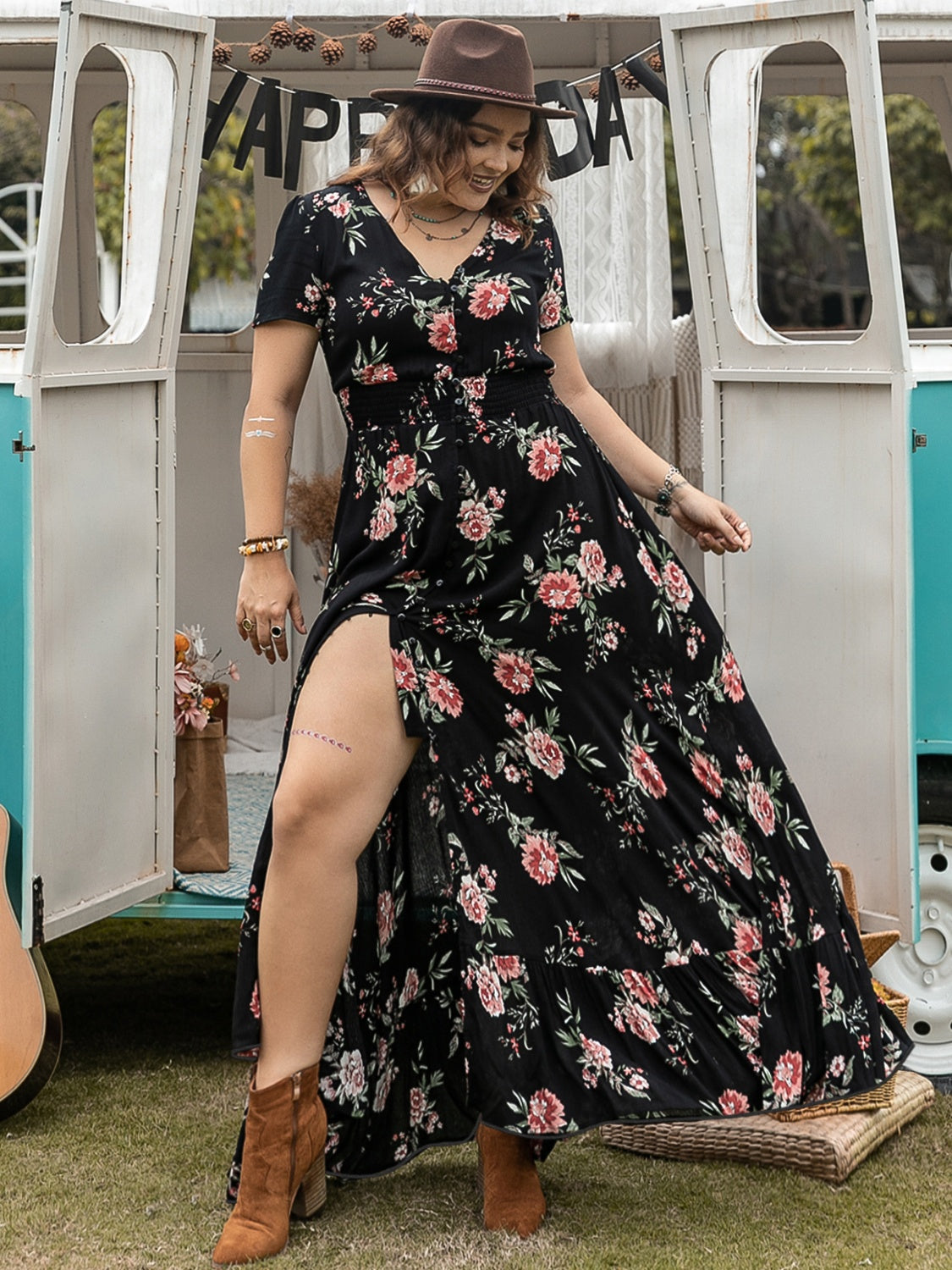 Plus Size Button Detail Printed V-Neck Short Sleeve Maxi Dress OutfitFlow