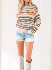 Stripe Eyelet Patterned Drop Shoulder Sweater OutfitFlow
