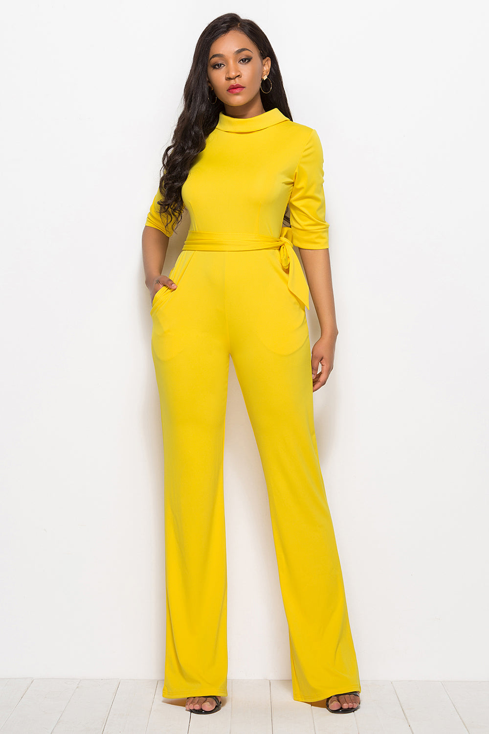 Outfit Flow - Mock Neck Tie-Waist Half Sleeve Jumpsuit