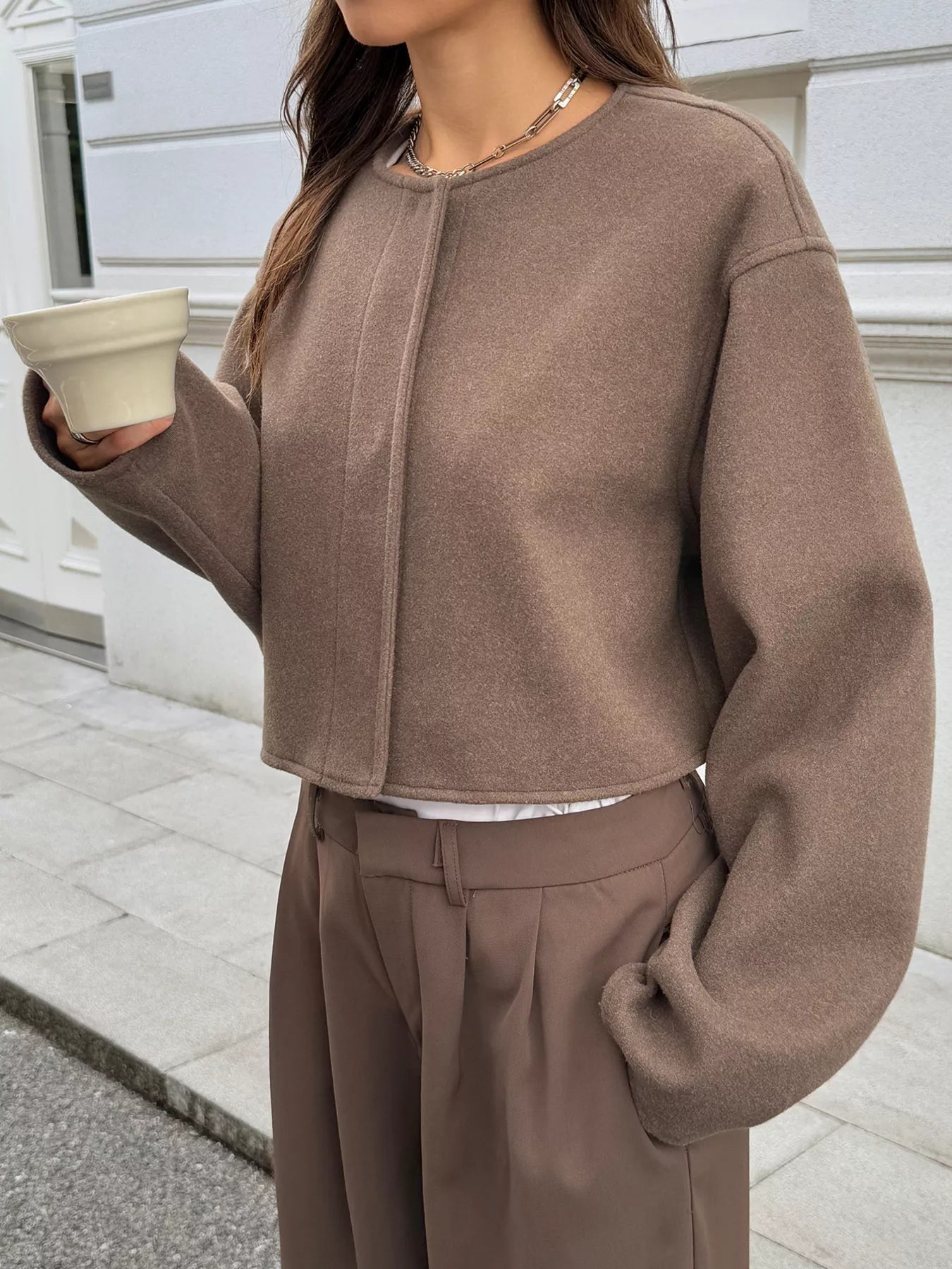 Button-Front Dropped Shoulder Cropped Jacket Trendsi