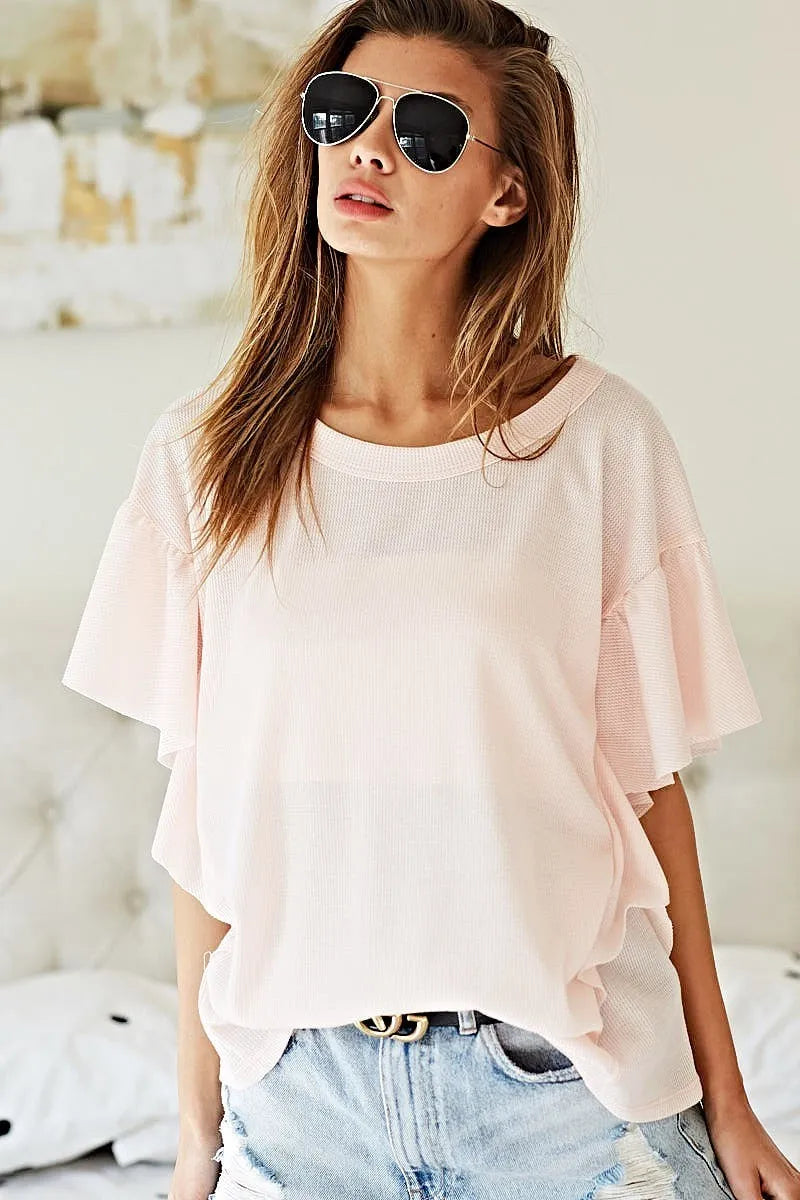 BiBi Thermal Knit with Ruffled Sleeve Top OutfitFlow