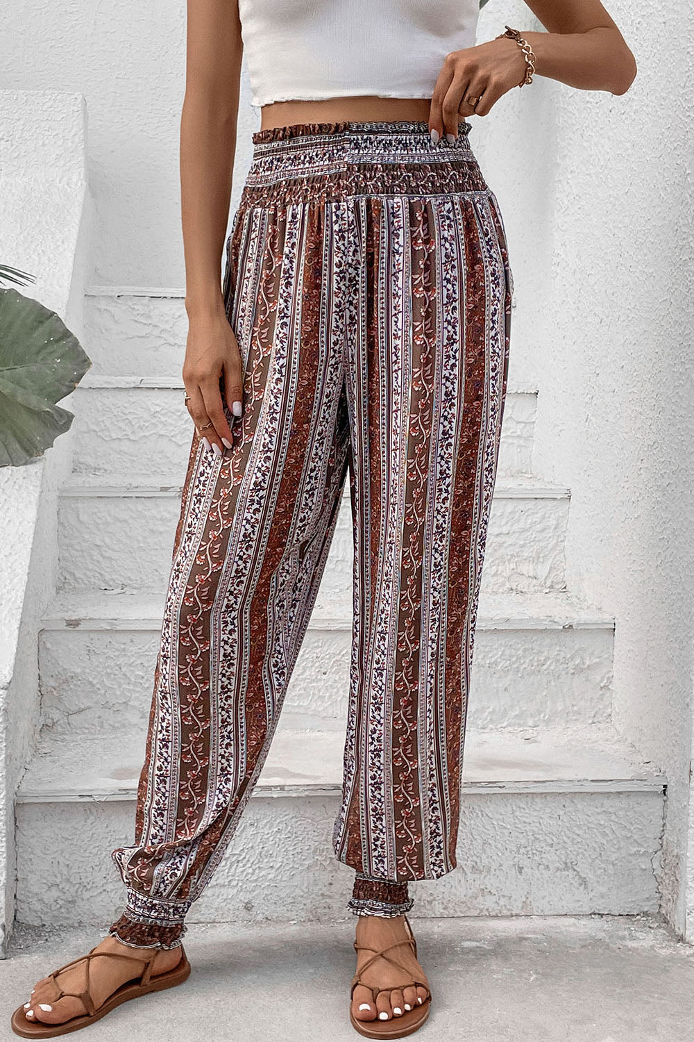 Outfit Flow - Perfee Smocked Printed High Waist Pants