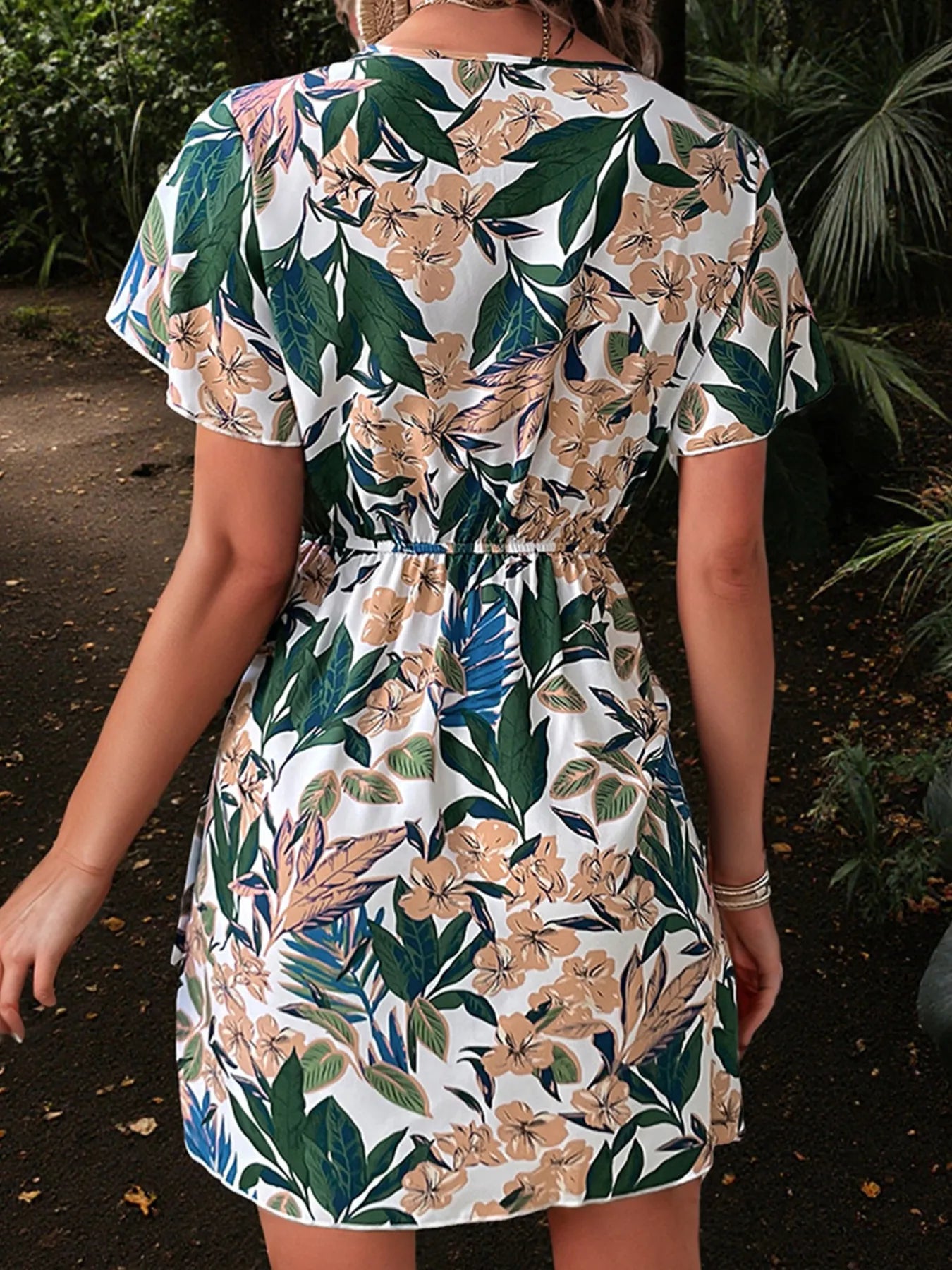 Printed Surplice Short Sleeve Dress OutfitFlow