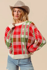 SO ME Christmas Color Checkered Plaid Crew Neck Sweater IVORY COMBO Trendsi
