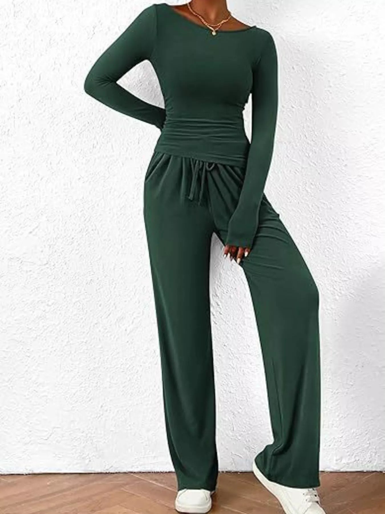 Long Sleeve Top and Wide Leg Pants Set OutfitFlow