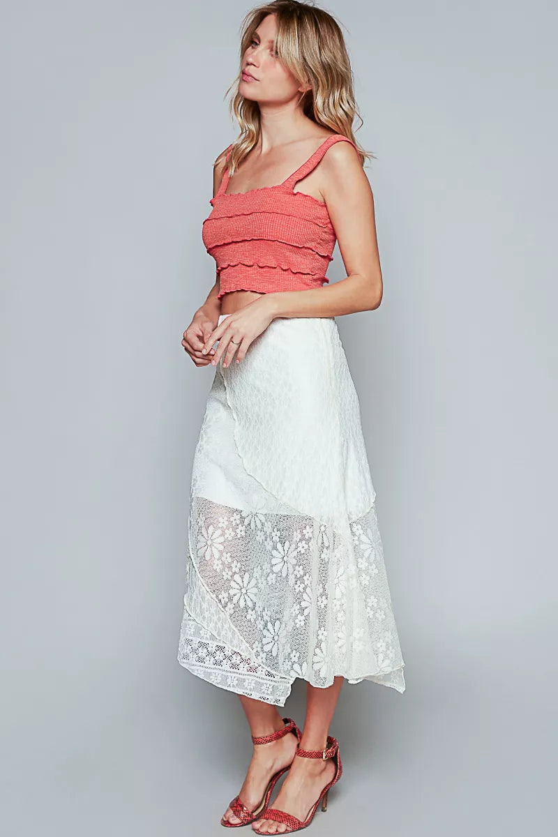 POL Ruffled Floral Lace Skirt with Unbalanced Hem OutfitFlow