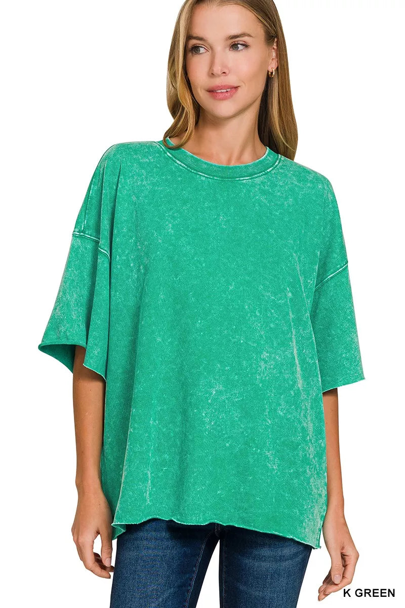 Zenana French Terry Washed Drop Shoulder Short Sleeve Top K GREEN Trendsi