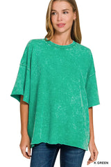 Zenana French Terry Washed Drop Shoulder Short Sleeve Top K GREEN Trendsi