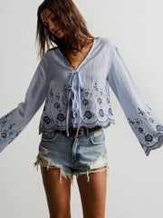 Floral Embroidered Tie-Front Blouse OutfitFlow