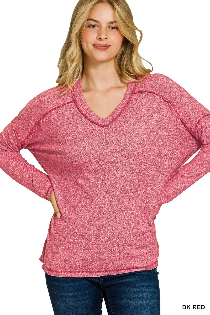 Zenana Soft Melange Hacci Exposed Seam Hi-low Tee DK RED OutfitFlow