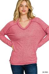 Zenana Soft Melange Hacci Exposed Seam Hi-low Tee DK RED OutfitFlow