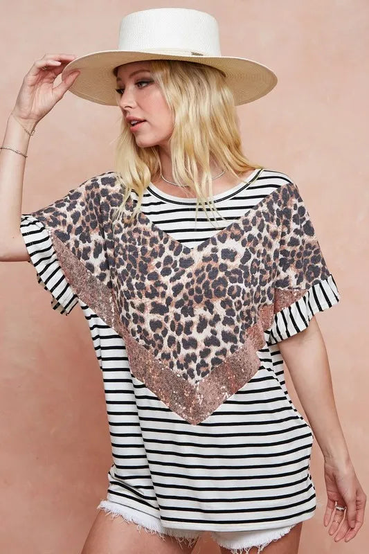 BiBi Stripe Rayon Span Knit Color Block Top With Leopard OutfitFlow
