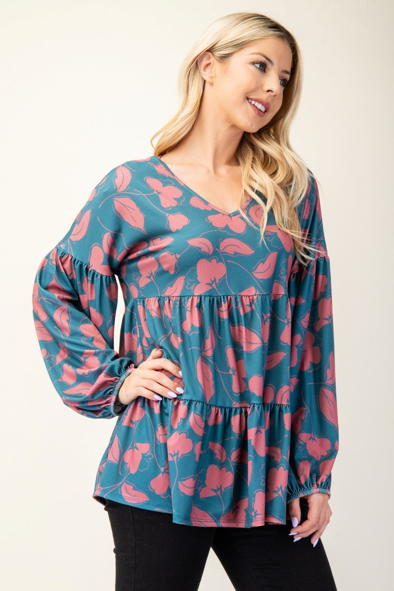 Outfit Flow - Celeste Full Size Tiered Floral V-Neck Long Sleeve Blouse